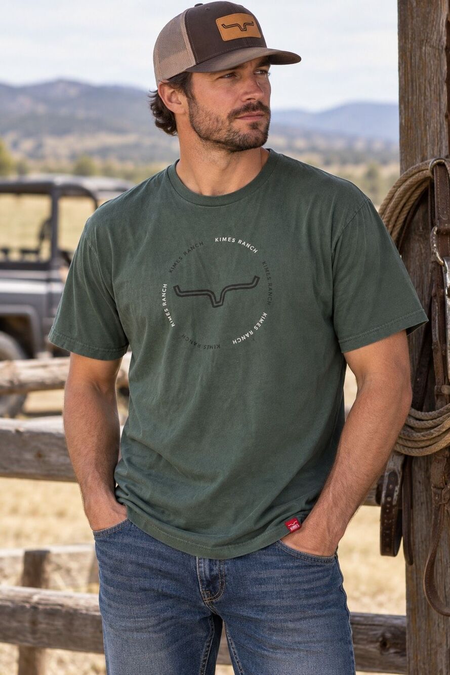 Kimes Ranch Men’s Green Longhorn Logo Graphic Western Ranch T-Shirt Size Large